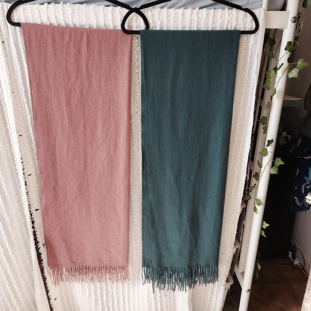 100% Cashmere Oversized Blanket Scarf Shawl Wrap Lot Of 2 Green Pink Luxury
